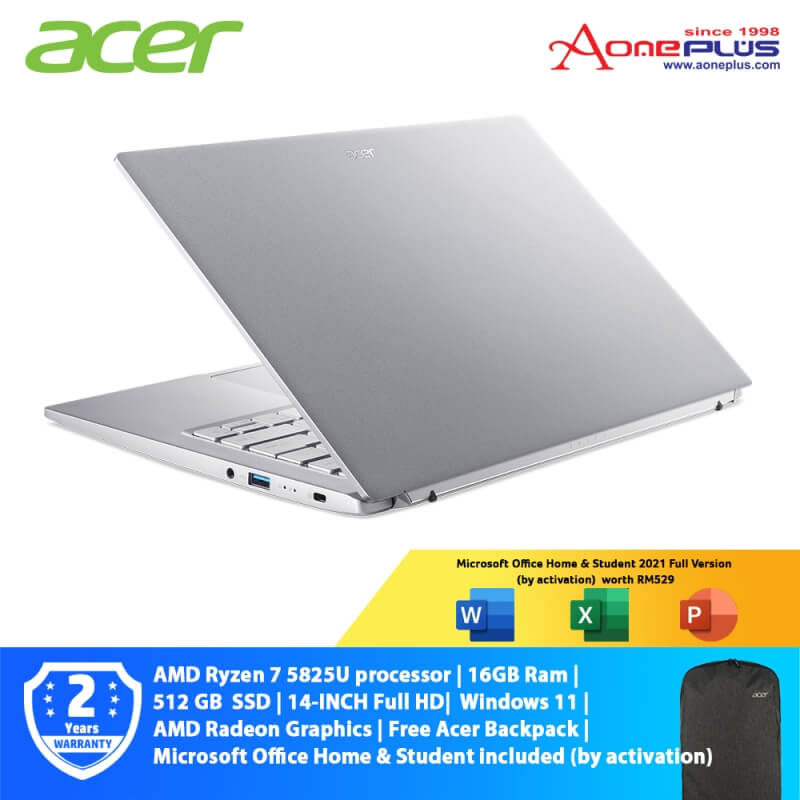 Acer Swift 3 SF314-44-R74S Laptops NX.K0USM.003 Pure Silver AMD Ryzen 7 16Gb Ram 512GB SSD Radeon Graphics 14-Inch FHD Win 11 Preloaded Microsoft Office Home And Student
