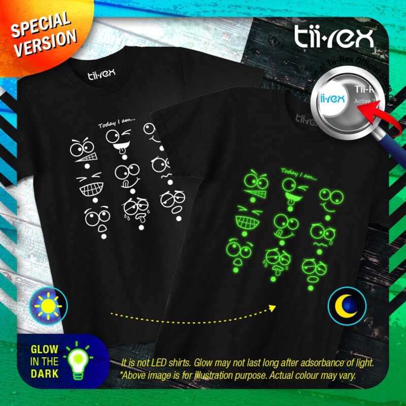 Tii-Rex Glow In The Dark Face Emo Short Sleeve Round Neck Black Cotton Cute Emoji Graphic T-Shirt