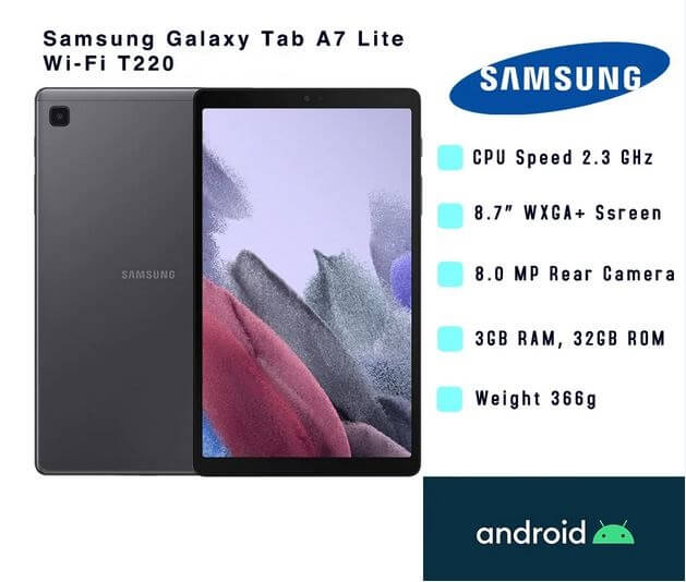 Samsung Galaxy Tab A7 Lite 8.7" - T220 WiFi 3+32Gb Smart Android Tablet (Gray) 1 Year Samsung Malaysia Warranty