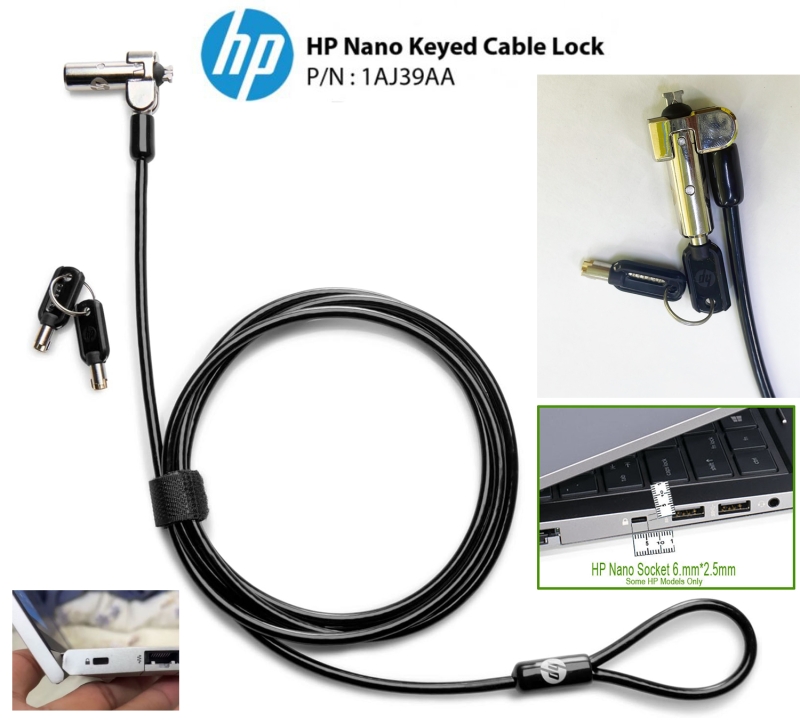 NEW Original HP Nano Keyed Cable Lock Laptop 1AJ39AA Security Lock with 2 keys Slim Thin Socket 6.0m