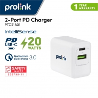 PROLiNK 20W USB C PD 3.0 Power Delivery & QC3.0 2-Port Fast Charger for Apple iphone 12 Samsung Note 10+ PTC21801