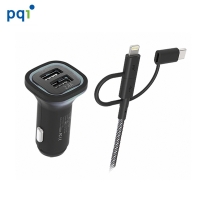 PQI i-Chager for car 4.8A dual output rapid car charger set (with three-in-one transmission braided wire 180cm)