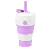 Traveling Silicone Folding Cup with Straw (450ml)-Purple (Free Portable Stainless Steel Cutlery Set)