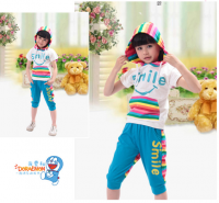 Blue Korean version of the thin striped short-sleeved T-shirt + seven shorts suit
