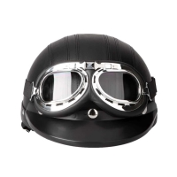 Motorcycle Scooter Open Face Half Leather Helmet with Visor UV Goggles Retro Vintage Style 54-60cm