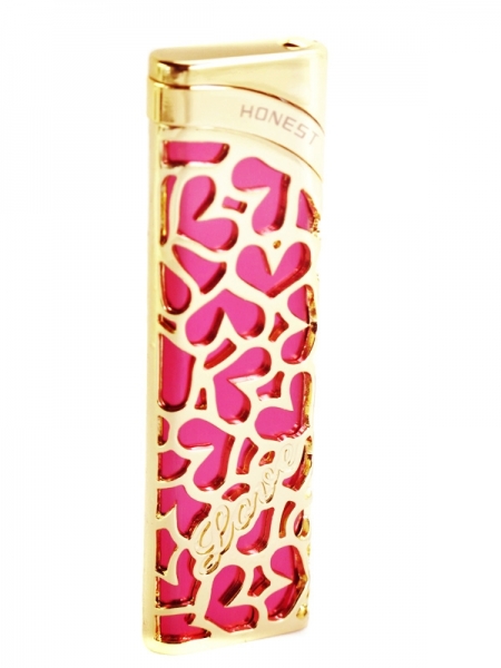 Elegant Pink & Gold Heart Shaped Carved Metal Honest Lighter