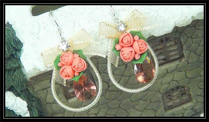 Fashion Handmade Korean Earrings With Shinning Maroon Crystals & Red Flowers