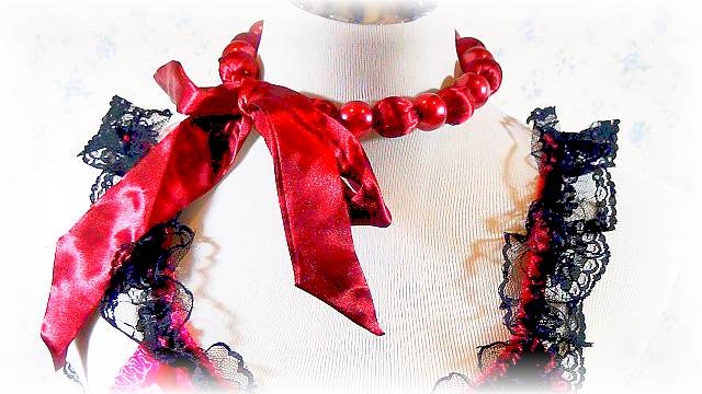 Fashion Handmade Korean Necklace With Maroon Satin Color Ribbon & Maroon Pearls Beads