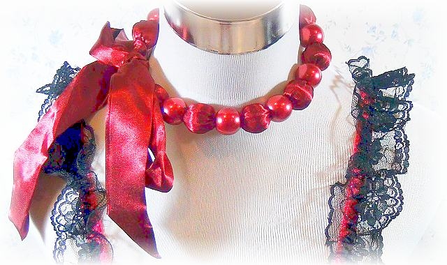 Fashion Handmade Korean Necklace With Maroon Satin Color Ribbon & Maroon Pearls Beads