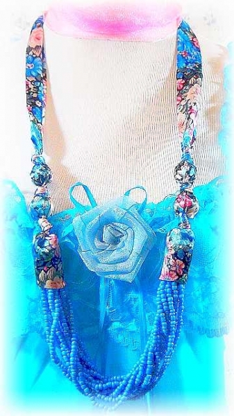 Fashion Handmade Korean Long Necklace With Blue Satin Flower Design & Small Blue Beads