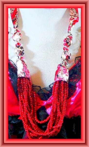 Fashion Handmade Korean Long Necklace With Maroon Satin Flower Design & Small Maroon Beads