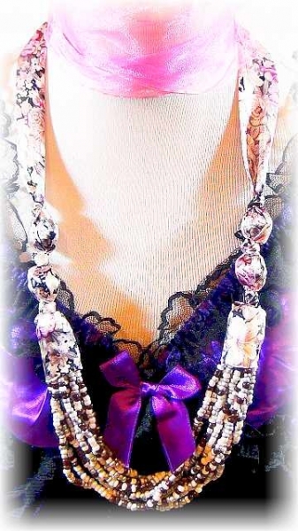 Fashion Handmade Korean Long Necklace With Mixed Color Satin Flower Design & Small Mixed Color Beads