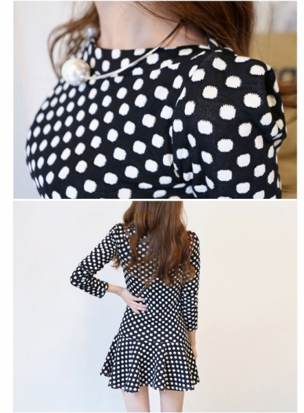 Fashion White Polka Dots Woman Flare Black Dress