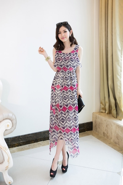 Fashion Asymmetric Wave Design Chiffon Long Dress