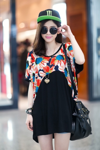 Fashion Floral Design Batwing Tunic Dress