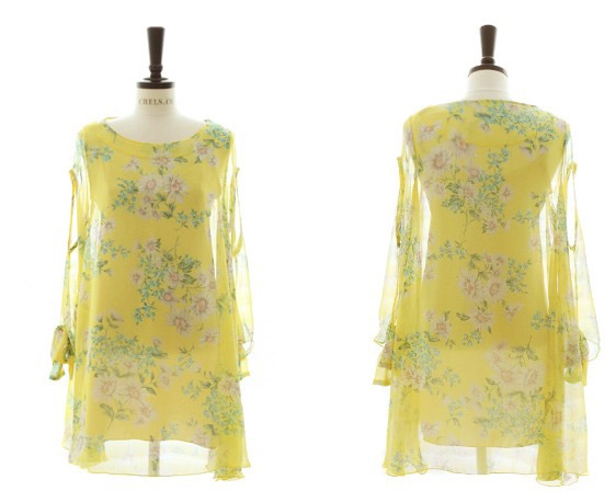 Fashion Floral Design Puff Sleeve Chiffon Dress