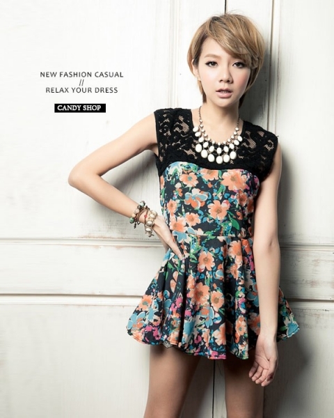Fashion Flora Design With Lace Sleeveless Mini Dress