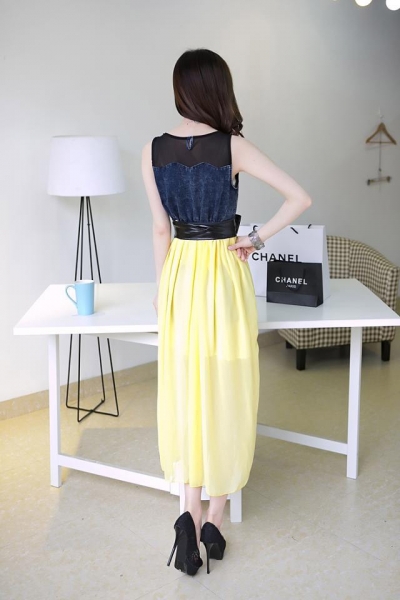 Fashion Denim Design Chiffon Long Dress
